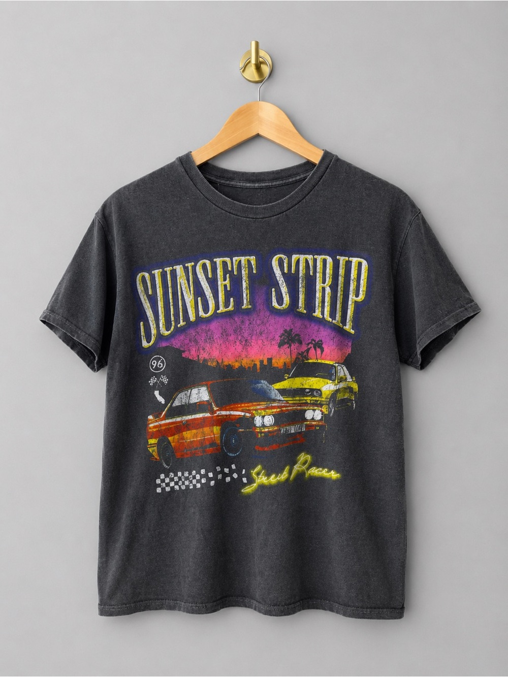 Sunset Strip Street Racer Graphic Tee Charcoal Gray Vintage Wash T-Shirt